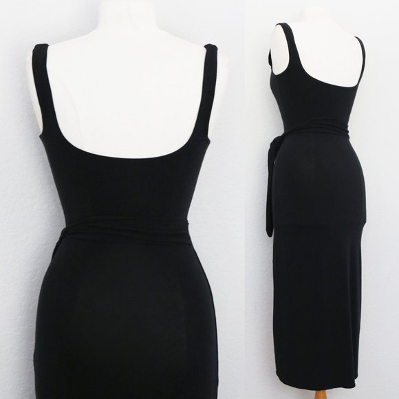 Aritzia Wilfred Saturn Midi Dress Black Square Neck Soft Stretchy Midi Wrap XS - Picture 8 of 12